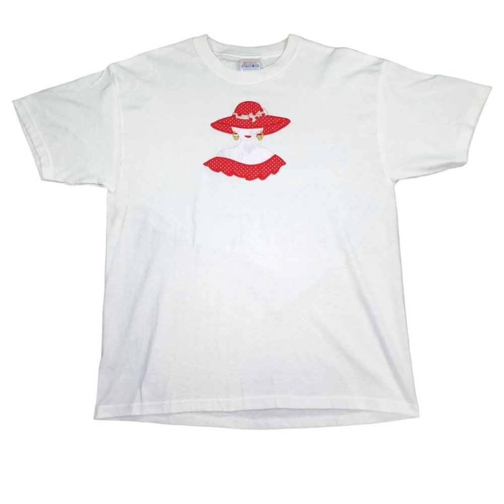 Vintage Lady In Red Hat T-Shirt White Large Stitched On Design